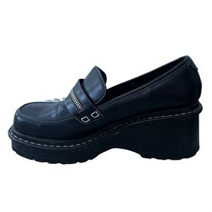 Vintage 90s Y2K Black Chunky Lug Sole Square Toe Platform Loafers Size 7.5